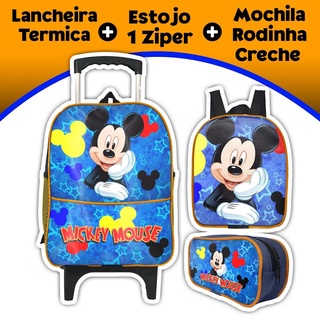 Mochila Escolar de Rodinhas para Meninos: Kit com Lancheira Térmica e Estojo 1 Zíper Mickey Mouse AZ/AM 1zp