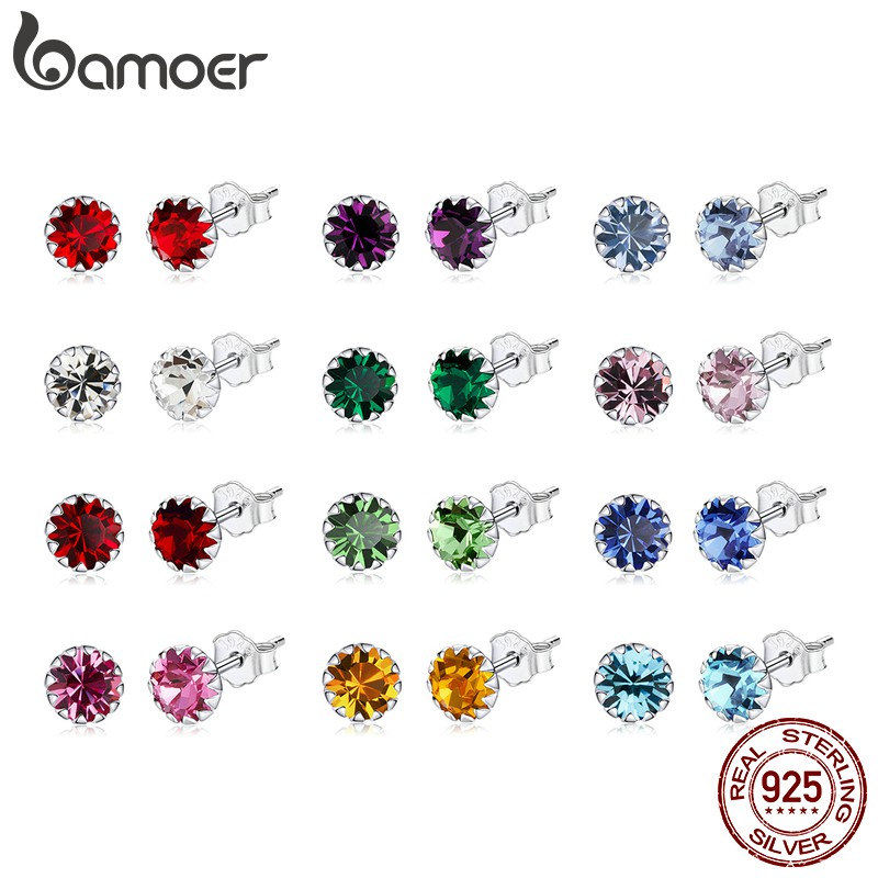 Bamoer 100% Sterling Silver 925 Stud Earring Birth Stone AAA Cubic Zircon Jewelry SCE862 em Oferta na Shopee