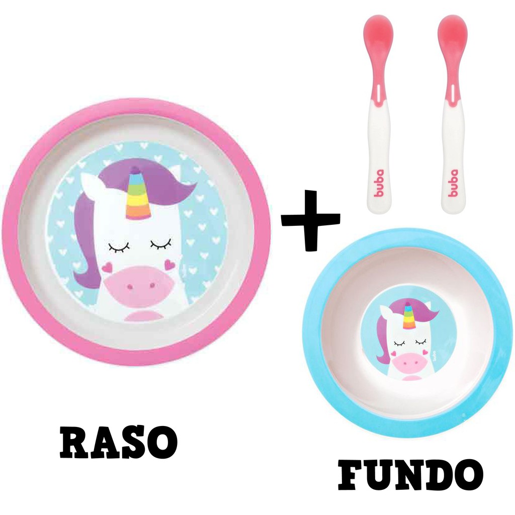 Kit Introdução Alimentar Prato Raso Fundo e Colher Bebê infantil de Unicórnio Buba em Oferta na Shopee