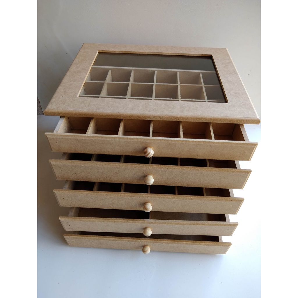 Porta Jóias Organizador de Bijuterias 5 gavetas MDF com vidro