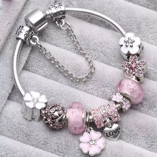 Pulseira Prateada Berloques Charms Love Rosa R9071