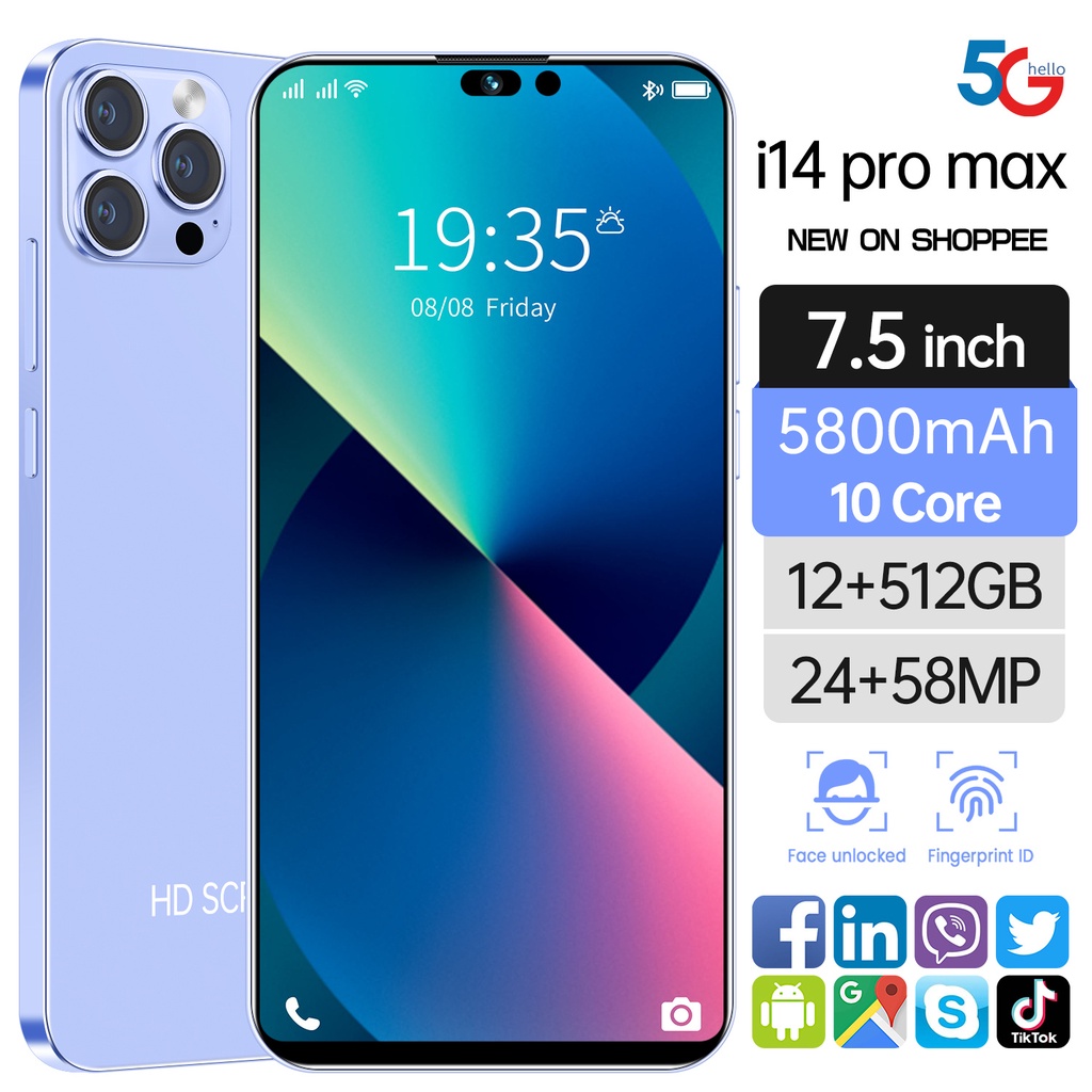 [Versão Global] Novo produto de celular i14 pro max tela grande 7,5 polegadassuper capacidade12 + 512GB novos telefones inteligentes estão à venda
