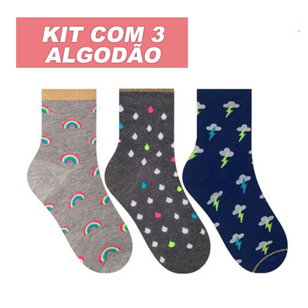 Kit com 3 Meias Feminina Buky Coloridas Estampadas Algodão Meia Divertida Cano Médio