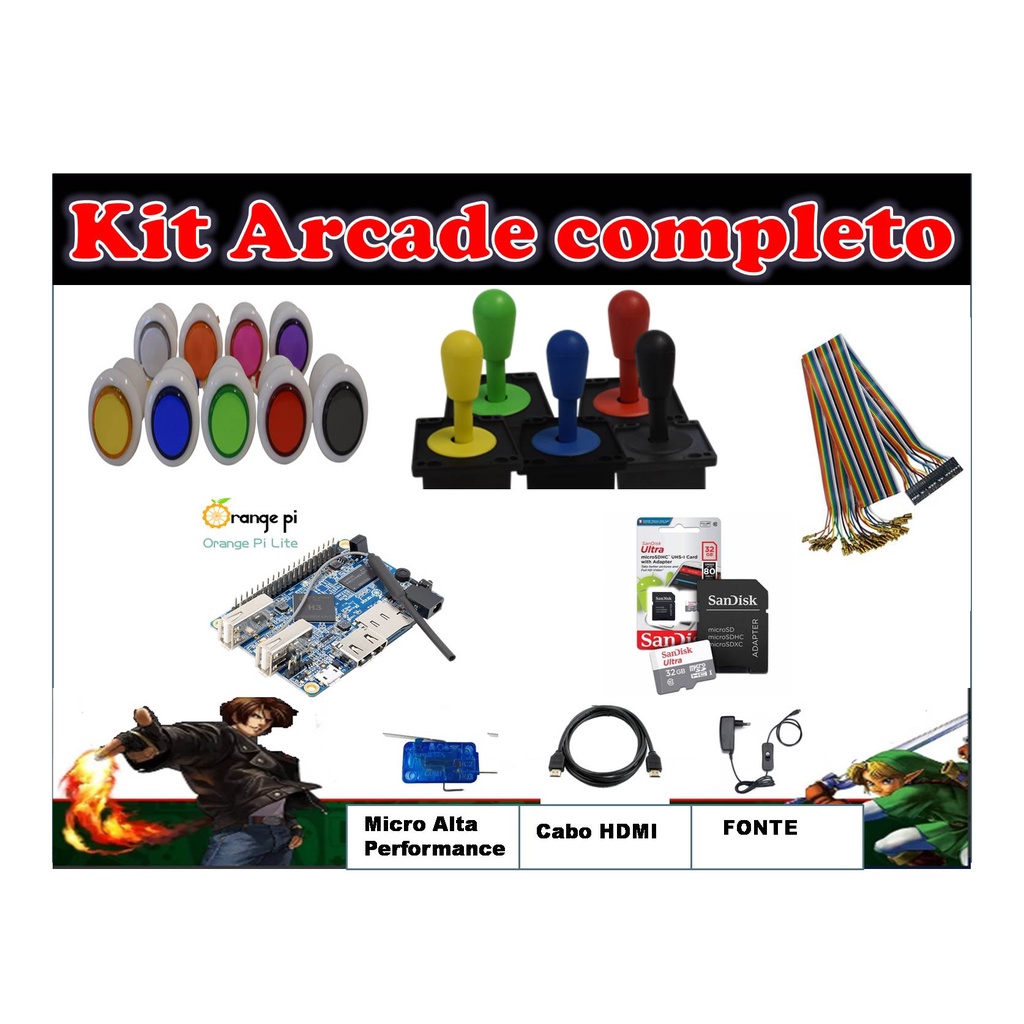 Kit Arcade / Fliperama 16 Botões Acrílico C/ Micros + 2 Comandos + 1 Cabo Gpio + Placa Orange + cartao 32gb com 13mil jogos