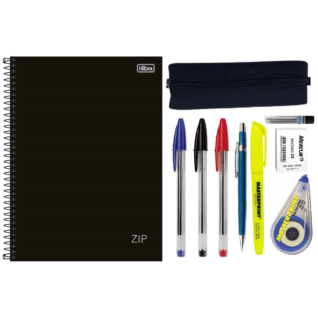Kit Material Escolar Juvenil 10 Peças (Caderno, 3 Canetas, Lapiseira, Grafite, Marca Texto, Borracha, Corretivo, Estojo)
