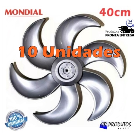 10 Unidades Hélice Mondial Ventilador 40cm 40 Vt41 V45 Nv-75 Maxi Power 6 Pás Prata EIXO Redondo 8mm