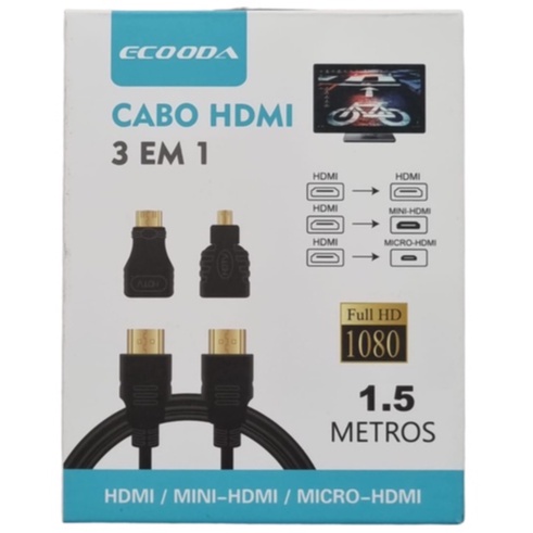 Cabo Hdmi x Hdmi 3 em 1 Adaptadores Mini Hdmi e Micro Hdmi