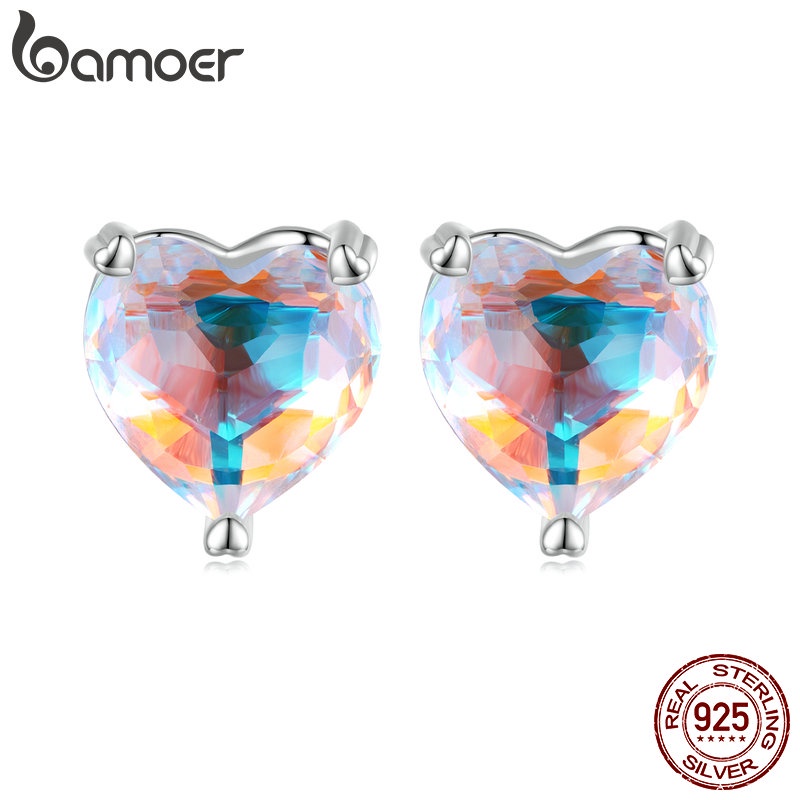 Brinco Bamoer Prata 925 Formato De Coração Tarraxa De Orelha Para Mulheres Moda Simples Jóias - Fashion Accessories