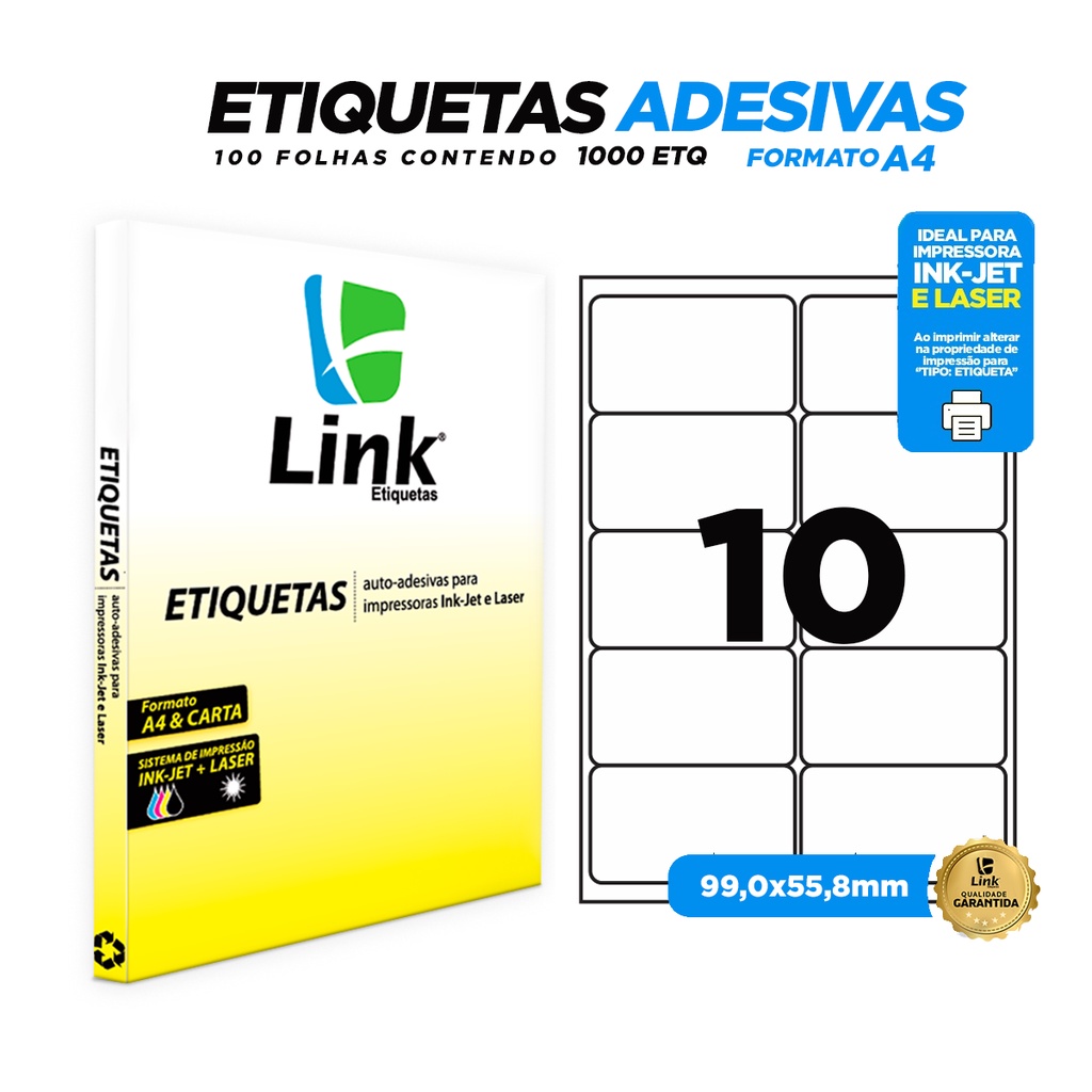 Etiqueta Adesiva A4 99,0mm x 55,8mm 100 Folhas - Link Etiquetas em Oferta na Shopee
