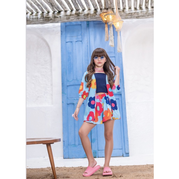 Conjunto infantil feminino kimono floral menina verão blogueirinha 3 peças
