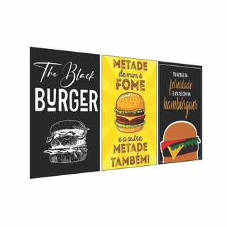 Quadro Decorativo Kit 03 Peças Hambúrguer Frases Para Lanchonete Bar Restaurante Sem Moldura