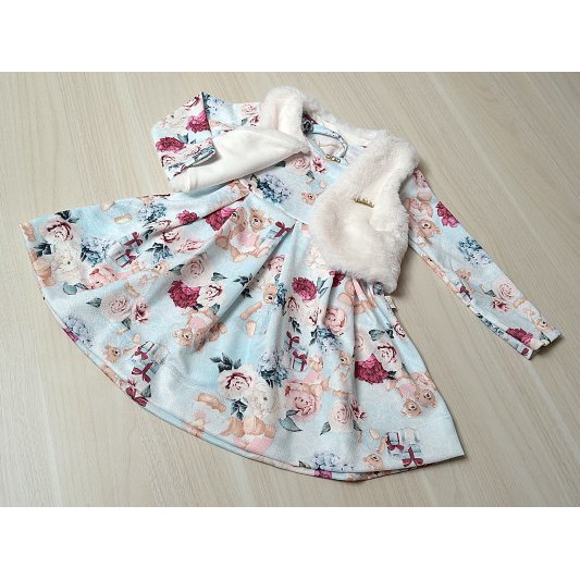 Vestido Ursinha E Rosas Com Colete De Pelo Inverno Feminino Bebe Menina Kiki Xodo Shopee Brasil