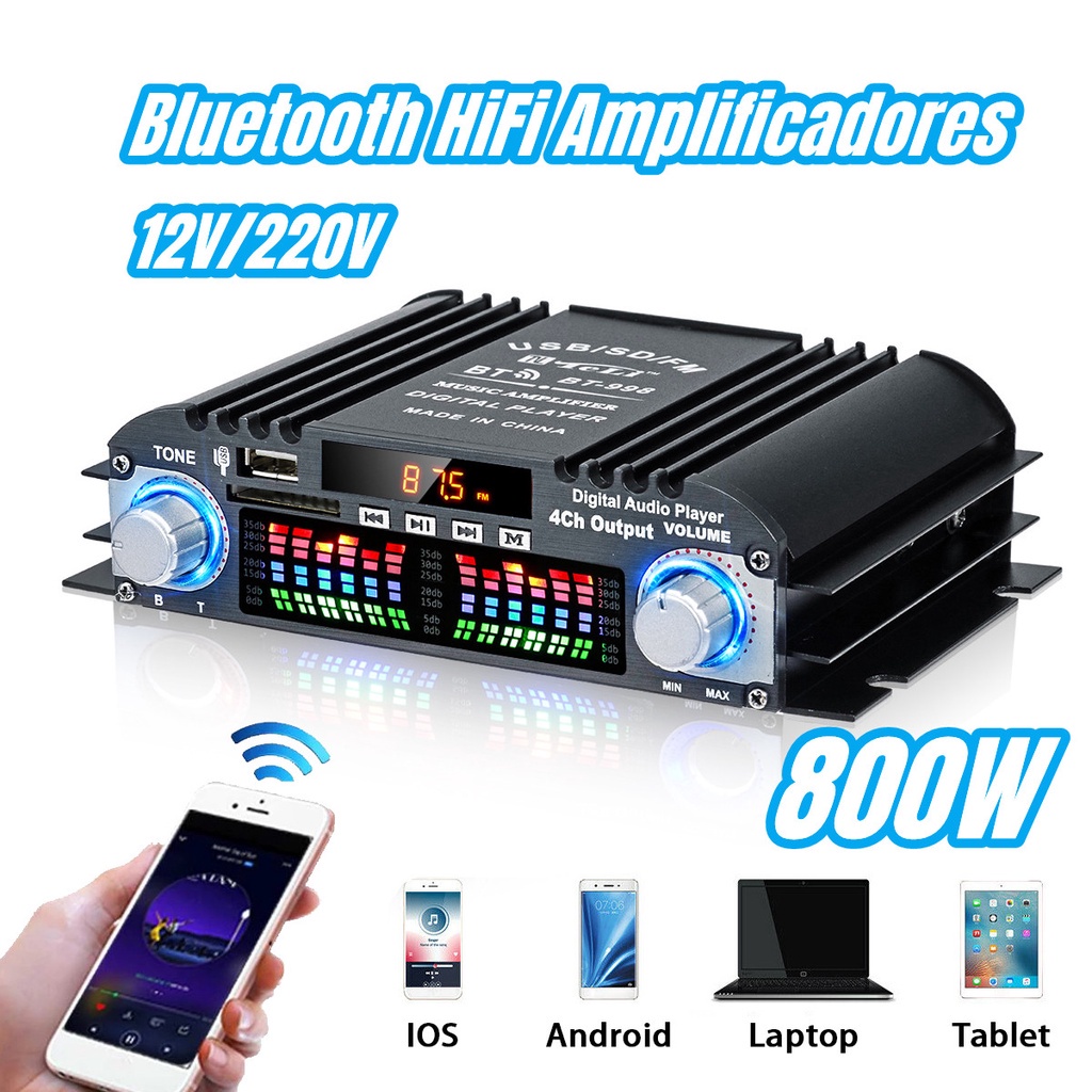 (Promoção) 12 V/220 800 W Mini bluetooth Hi-Fi Amplificadores De Potência De Áudio Do Carro Amplificador Estéreo 4 Canais Car Home Digital Som LCD Display Baixo