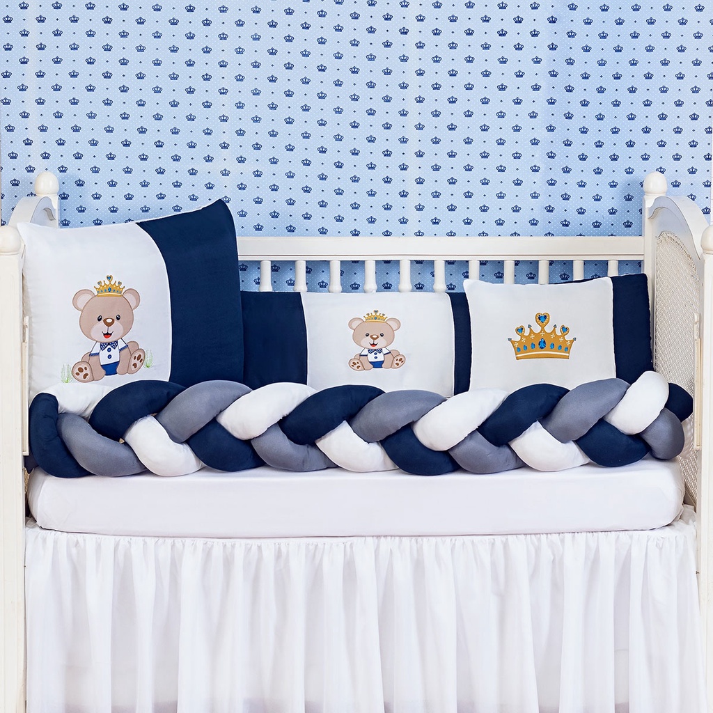 Kit Berço Trança Urso Coroa Azul Marinho Menino Americano Com Lençol e Naninha 7 Peças Bab...