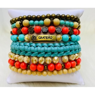 kit com 8 pulseiras gratidão couro