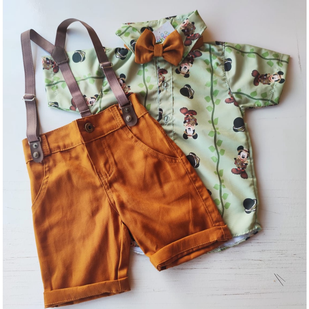 Roupa MICKEY SAFARI festa menino infantil conjunto Camisa Gravata Bermuda e Suspensório