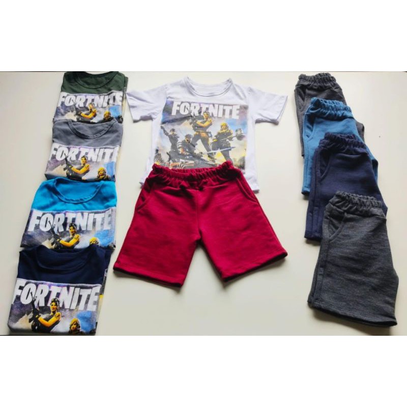 Conjunto Menino Infantil Camiseta e Bermuda Moda Juvenil Verão Personagens Free Fire Fortinite Vigadores