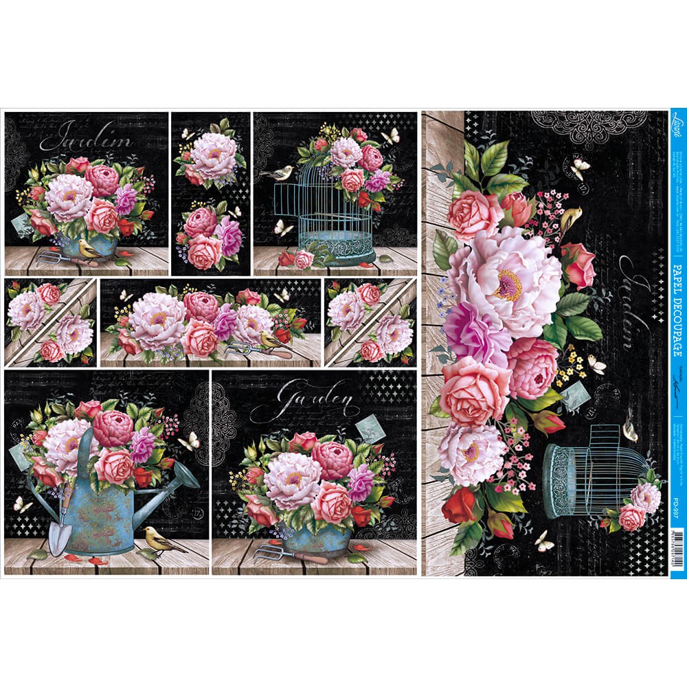 Papel de Decoupage Grande 34,3x49 Rosas Com Fundo Preto PD 997-Litoarte