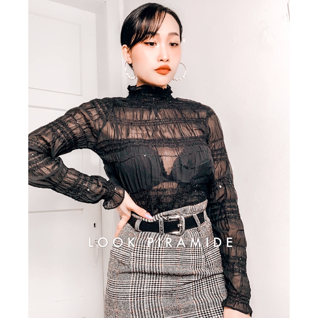 Blusa Tule Royal Paetê Com Franzido e Manga Longa Moda Feminina Chiquem Look Piramide
