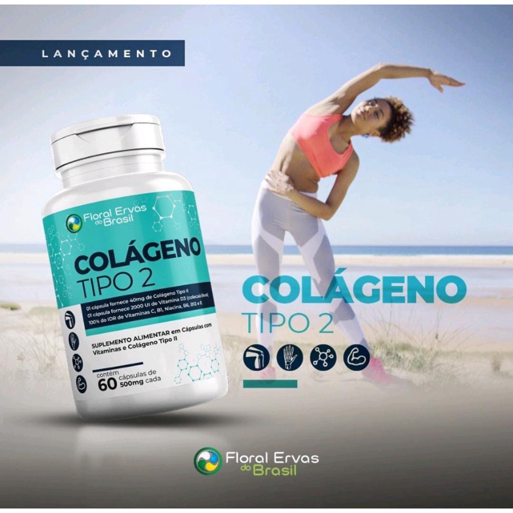 Colágeno Tipo 2 II 60 CPS 500MG + Vitamina D3, C, B1, B6, B12 + Vitamina E e Niacina Floral Ervas do Brasil