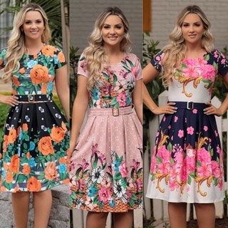 Kit 3 Vestidos Evangélico Feminino Com Pregas e Cinto Midi Rodado