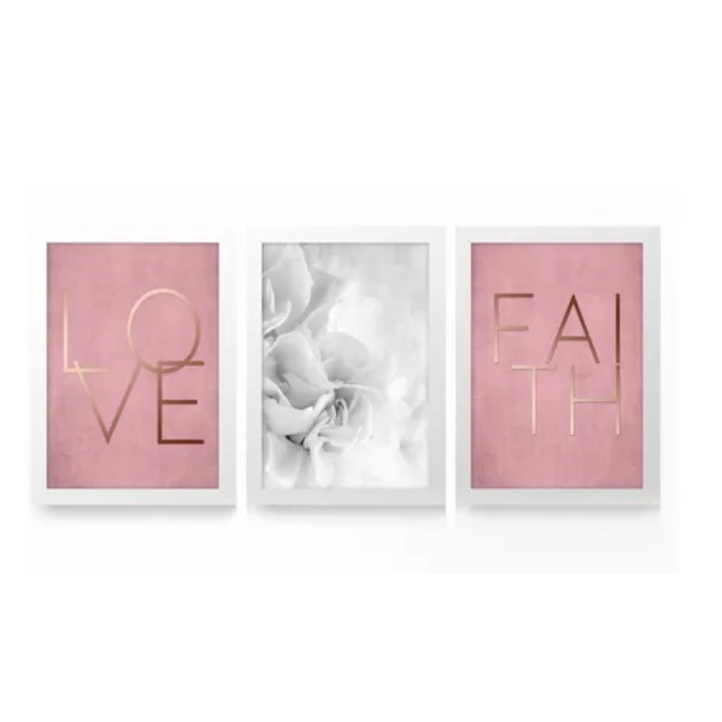 Kit 3 Quadros Decorativo Rosa Faith Love Papel de Parede 120 x 60Cm Magnus 286