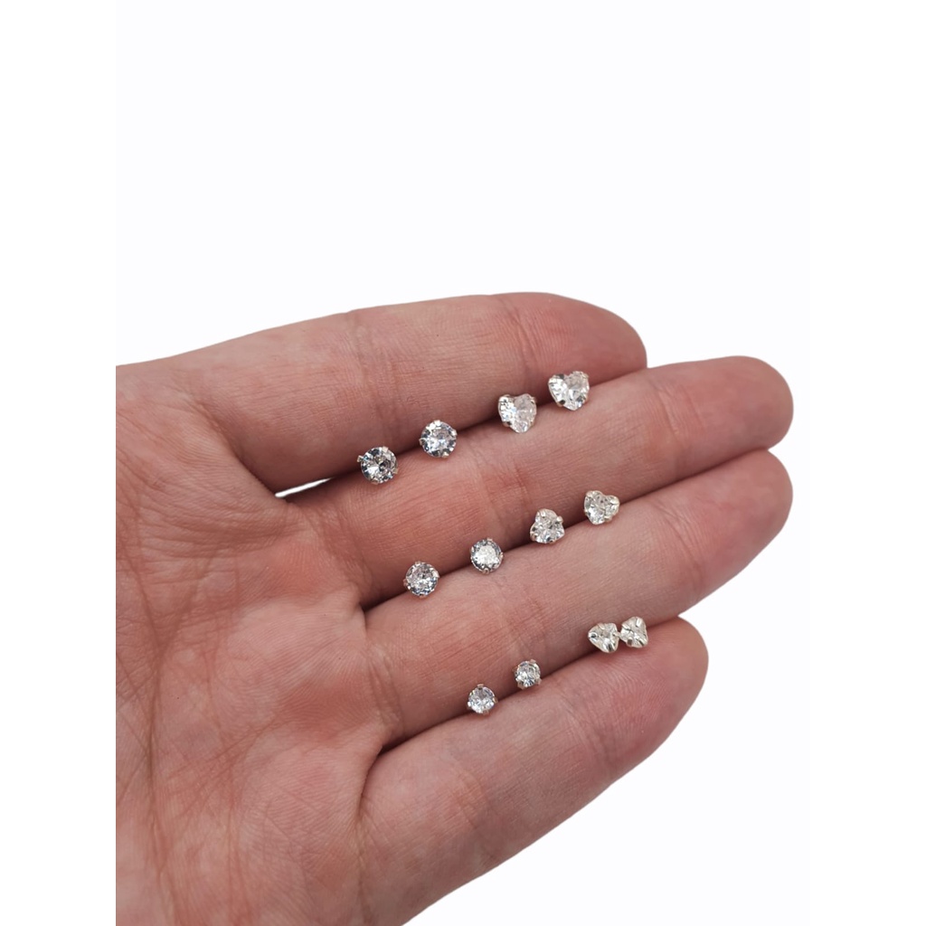 Kit 6 pares brincos em prata 925 - redondo e coração - 12 unidades - menor preço segundo e terceiro furo - feminino infantil anti alergico em Oferta na Shopee