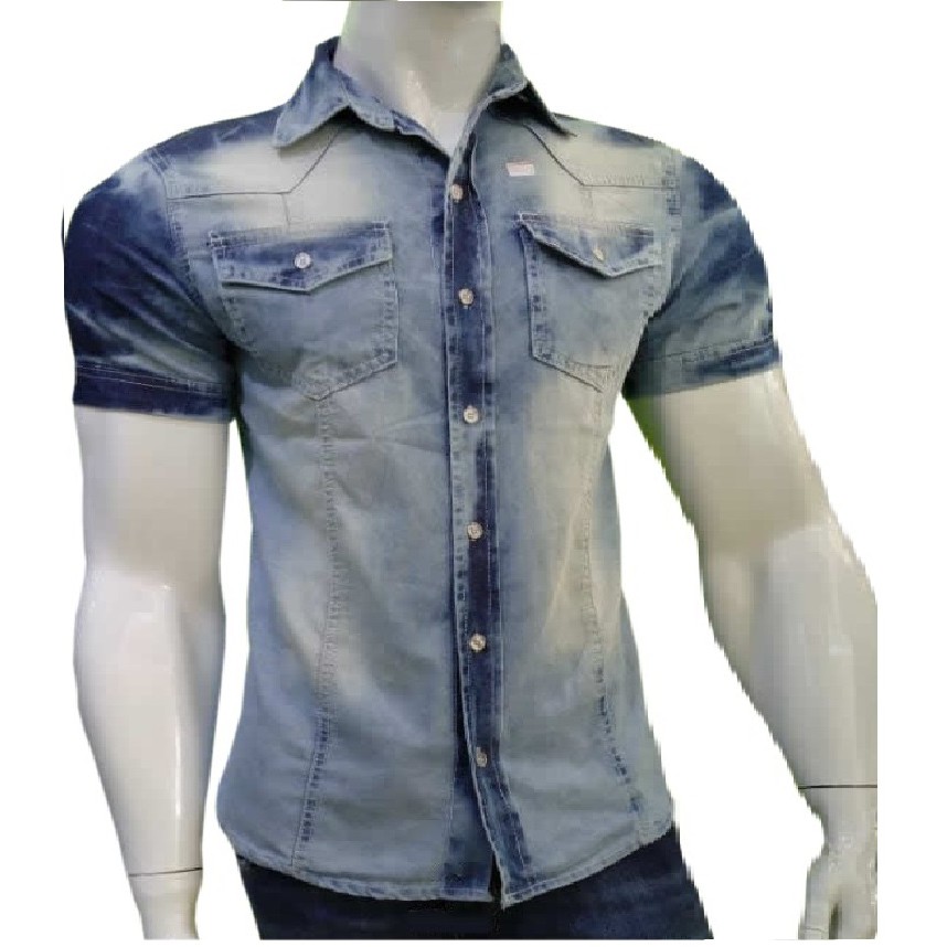 camisa jeans infantil masculina manga curta