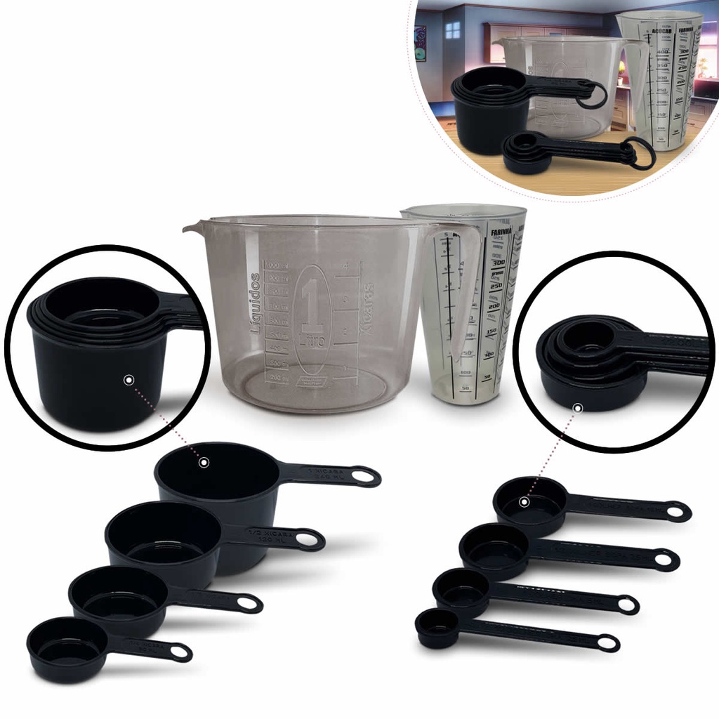 Conjunto de kit e medidores completos e funcionais na cor preta  jarra 1 litro copo de 500 ml sem tampa xicara e colher