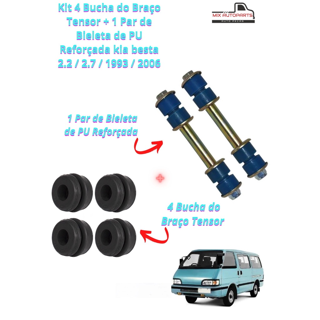Kit 4 Bucha do Braço Tensor + 1 Par de Bieleta de PU Reforçada Kia besta 1993 á 2006