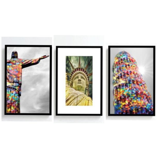 Kit 3 Quadros Decorativos Cristo Redentor Estátua da Liberdade Roma Coliseu Molduras