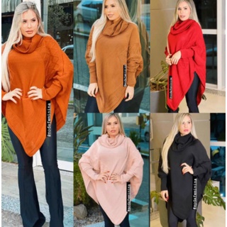 Blusa Tricot Feminina Poncho Bico Manga Longa Soltinho Inverno