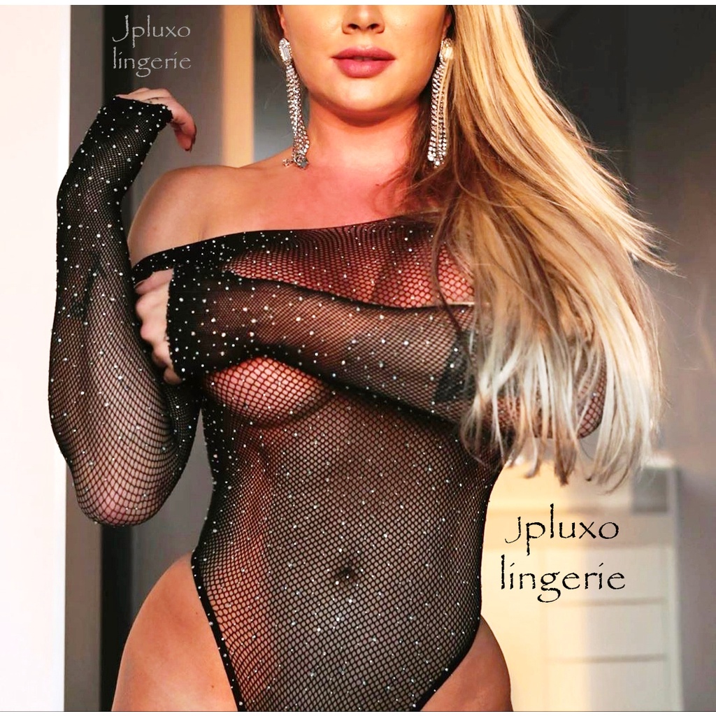 Lingerie Body Arrastão Strass meio Corpo panicat  bory bore brilho maio brilhante jade picon