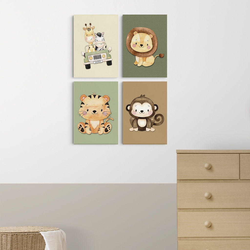 Quadros Decorativos Safari 4 Peças Para Decoração Quarto Infantil Menino Menina