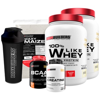 Kit 2x 100% Like Whey Pure Protein 900g + Waxy Maize 800g + Power Creatina 100g + BCAA 4,5 100g + Coqueteleira - Aumento de Massa Muscular - Bodybuilders