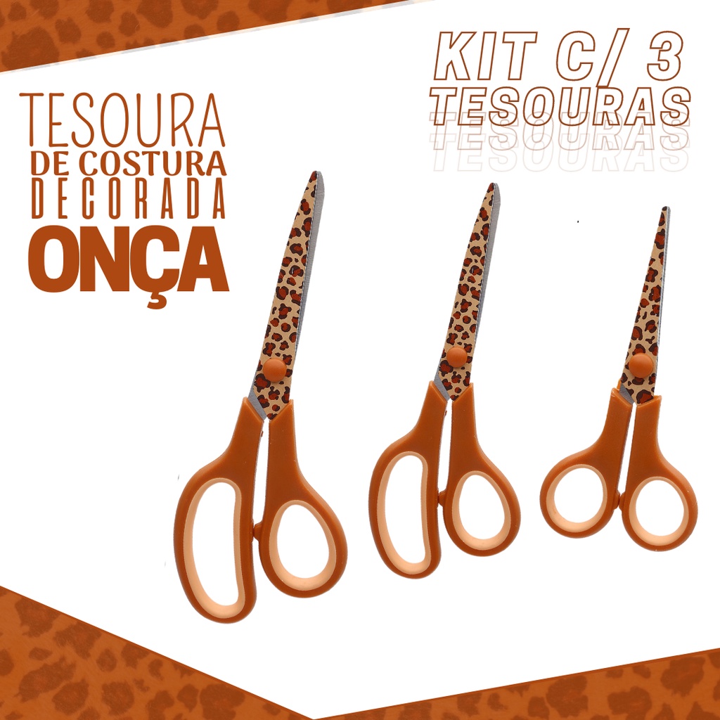 Tesoura De Costura Decorada Onça - Kit Com 03 Unidades - Kaftor