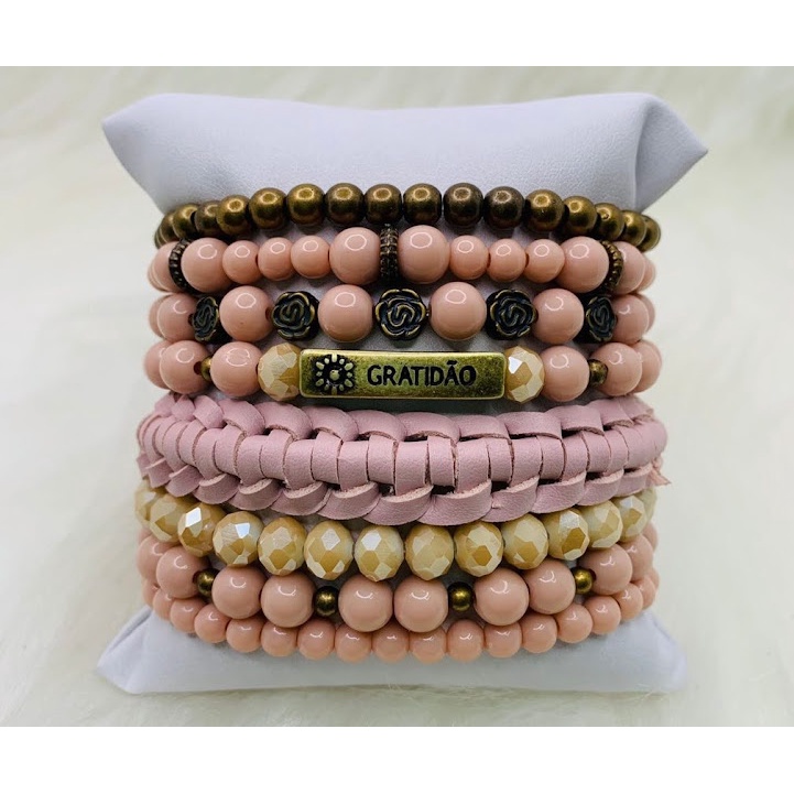 kit com 8 pulseiras gratidão couro