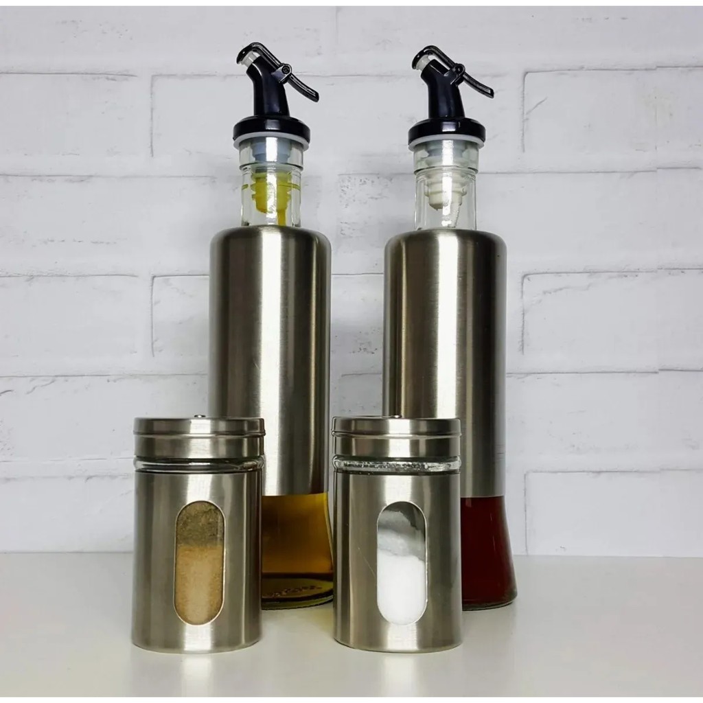 Kit Galheteiro Inox Aço e Vidro  Azeite Vinagre 300ml + 2 Saleiro Pronta Entrega Envio Imediato