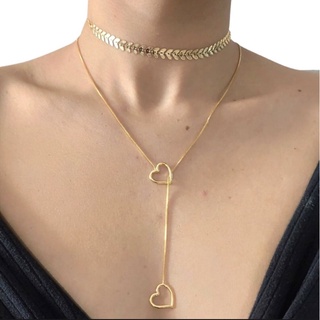 Conjunto colar e brinco feminino gravatinha coração folheado a ouro 18k bj24