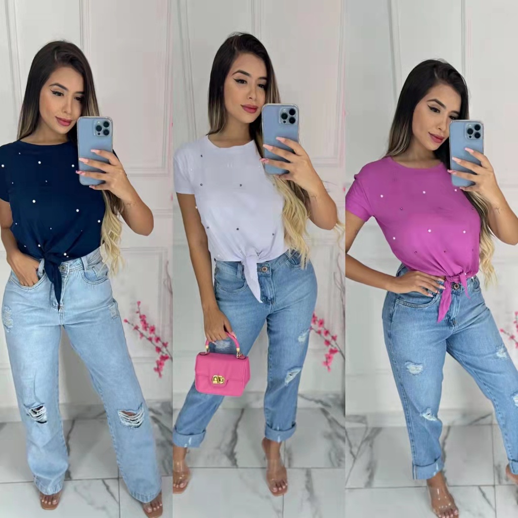Blusa T-shirt Feminino Laço Amarrado no cintura com perolas fabrica Atacado revenda!