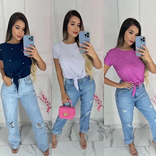Blusa T-shirt Feminino Laço Amarrado no cintura com perolas fabrica Atacado revenda!