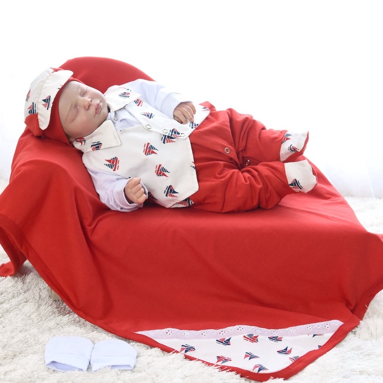 Kit Saída de Maternidade Menino baby Marinheiro vermelho com boné 100% Algodão 04 peças para o seu bebê