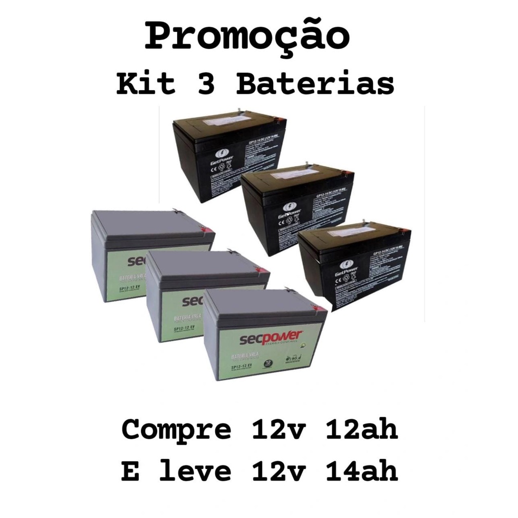 Kit 3 Baterias 12v 12ah Ciclo Profundo Bike Elétrica, Patinete Elétrico , Scooter Elétrica , Skate Elétrico