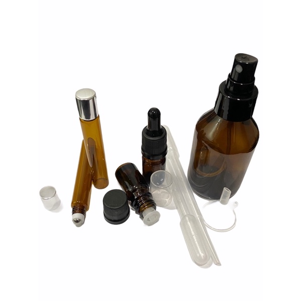 10 frascos vidro âmbar Rollon 10ml(modelo fininho) tampa prata 5 gotejador 5ml 5 conta gotas 5ml 5 spray 60ml 1 funil e 10 pipetas plástica 3ml