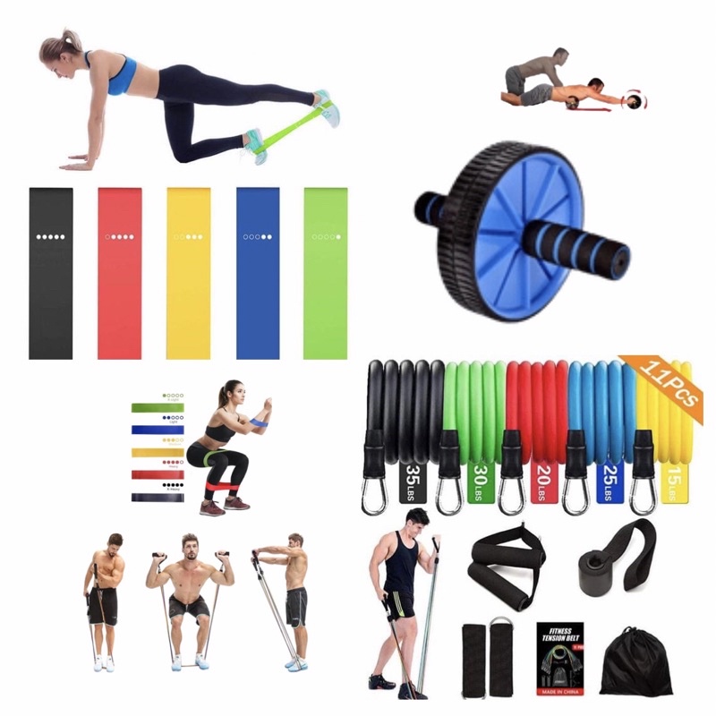 Kit 11 Extensor Elástico Tubing Treino Em Casa + Kit 5 Mini Band + Roda Abdominal