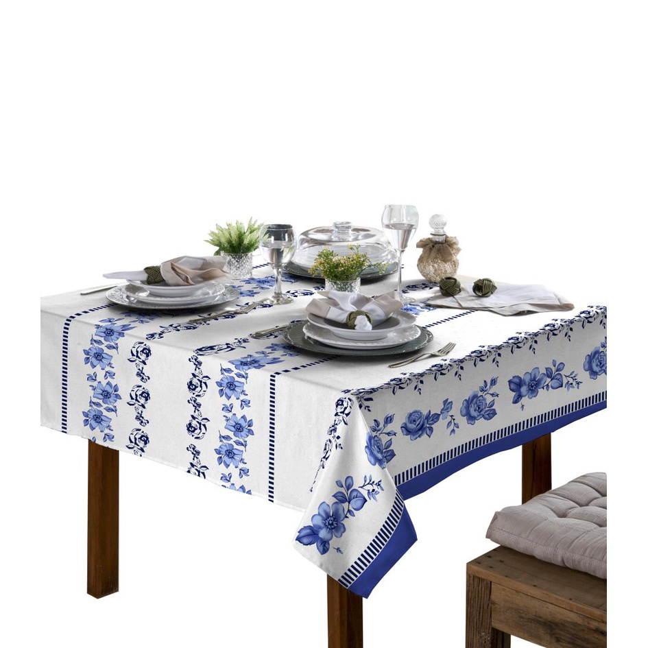 Toalha De Mesa Linhão 4 Lugares Quadrada Floral Azul