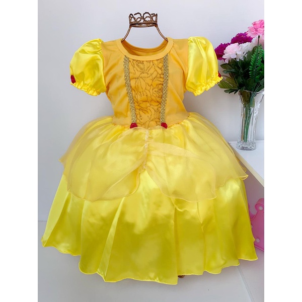 Vestido Bela Amarelo Princesas Fantasia Presente Menina Luxo | Shopee ...
