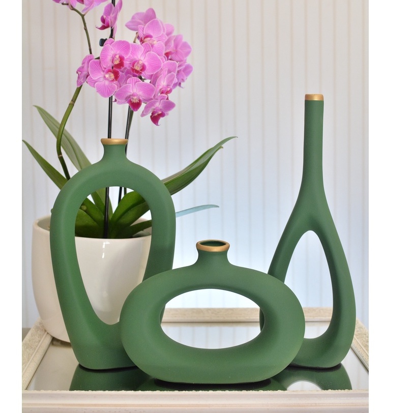 Kit 3 Trio Vasos Conjunto Enfeite para Sala Rack Ceramica Decorativo Vasinho