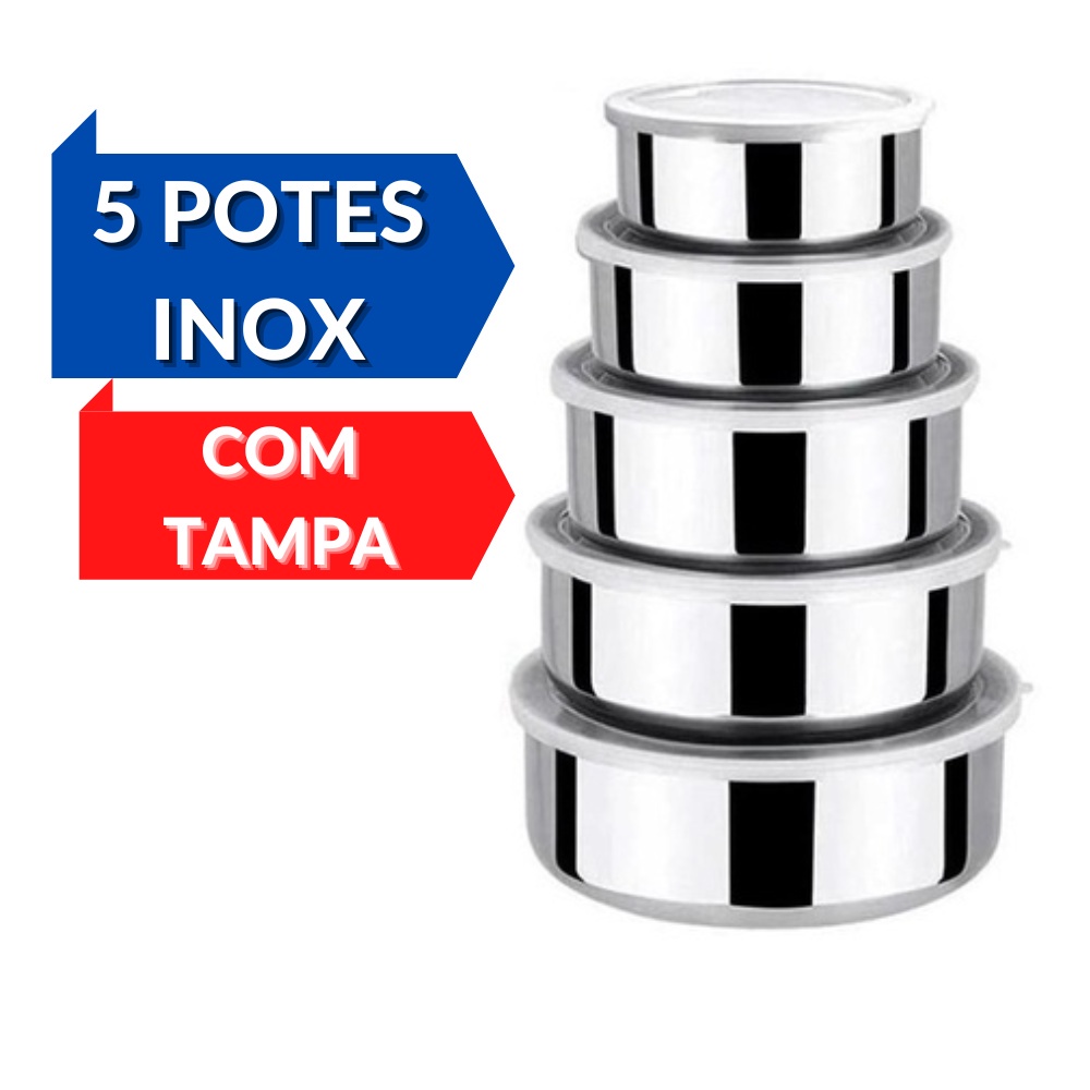 Kit Jogo 5 Potes Tigela Aço Inox Alumínio Cozinha Com Tampa Silicone ...