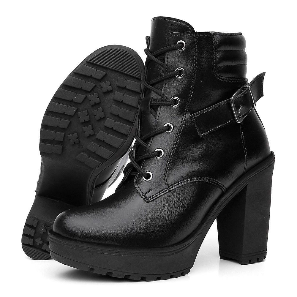 Bota Feminina Salto Alto Tratorada Com Fivela | Shopee Brasil
